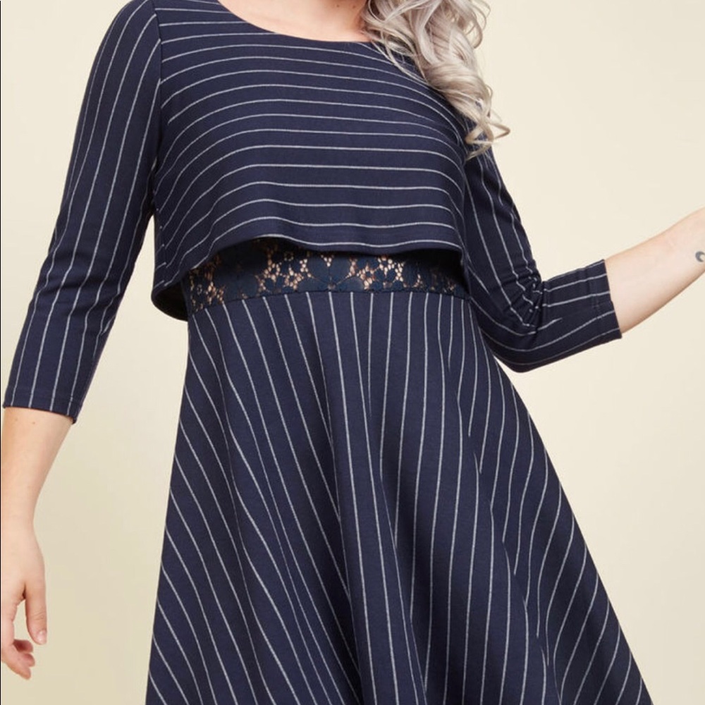 Navy stripe A-line dress with sheer lace panel